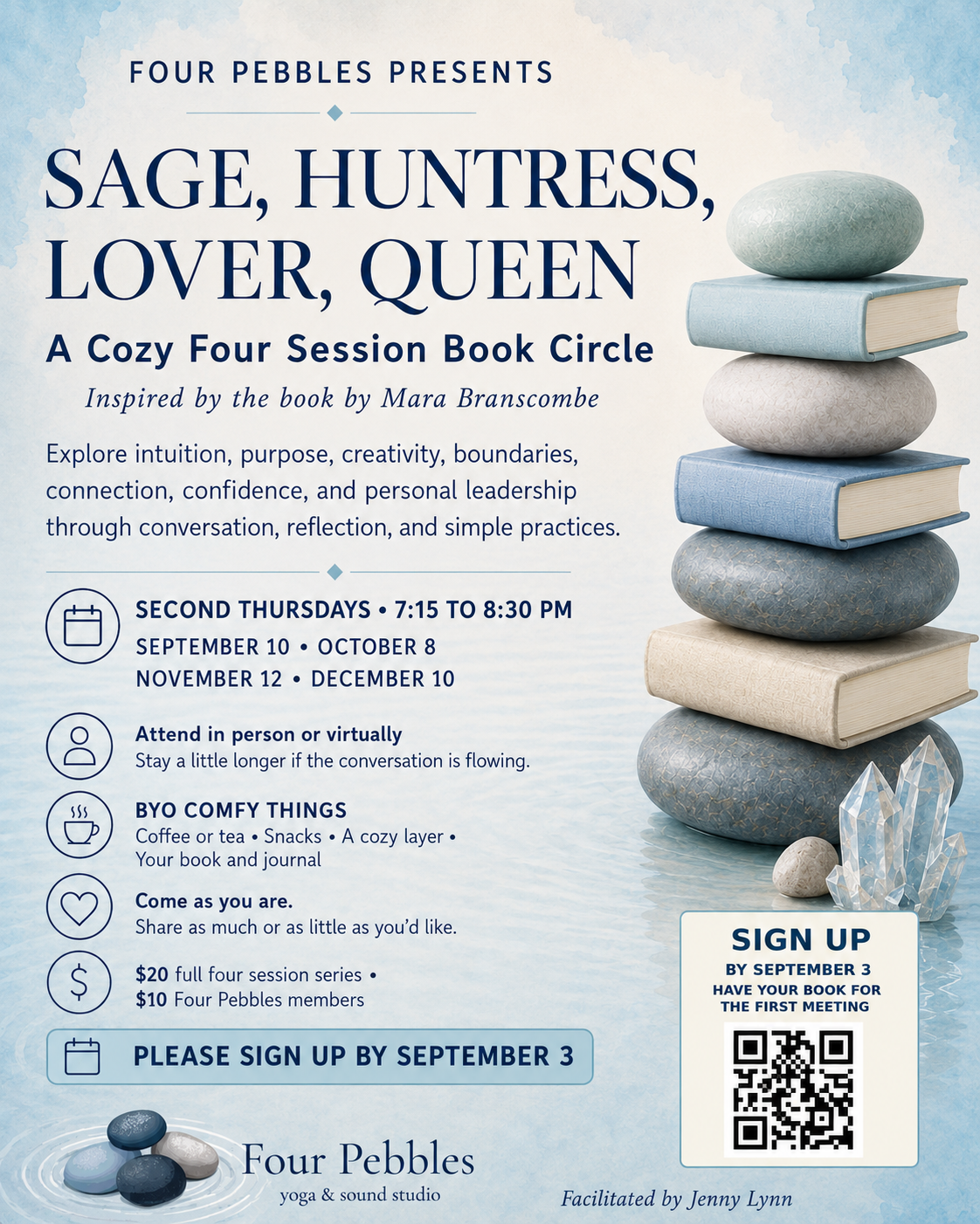 A stack of books and smooth pebbles beside crystals, promoting the Sage, Huntress, Lover, Queen book circle