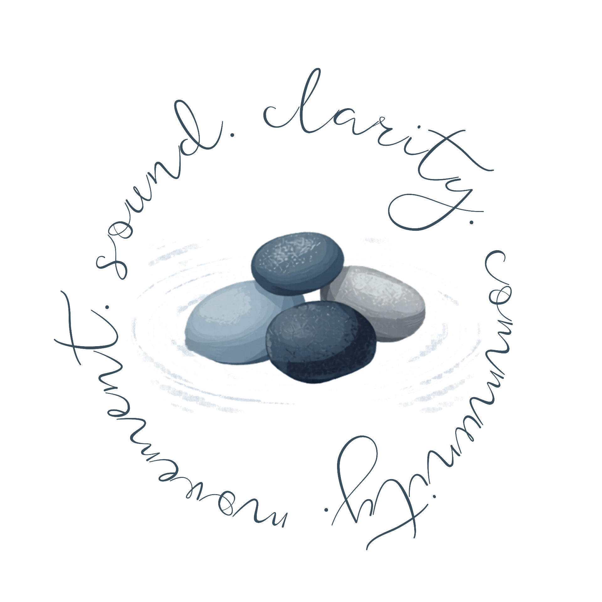 Four pebbles stacked on water with the words movement, sound, clarity, community curving around them